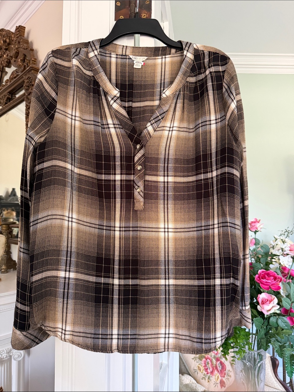 Plaid Tunic Blouse in Brown and Cream by Cato, size XL
